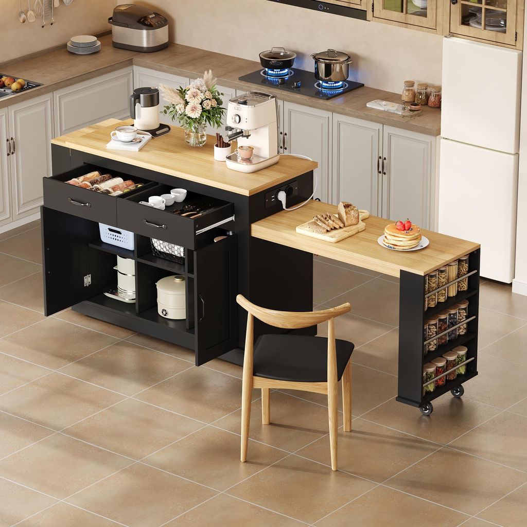 Merax Kücheninsel mit Ausziehplatten mit 2 Steckdosen + 2 USB,mobile Bartheke Servierwage mit verstellbare Regale, MDF, Schwarz