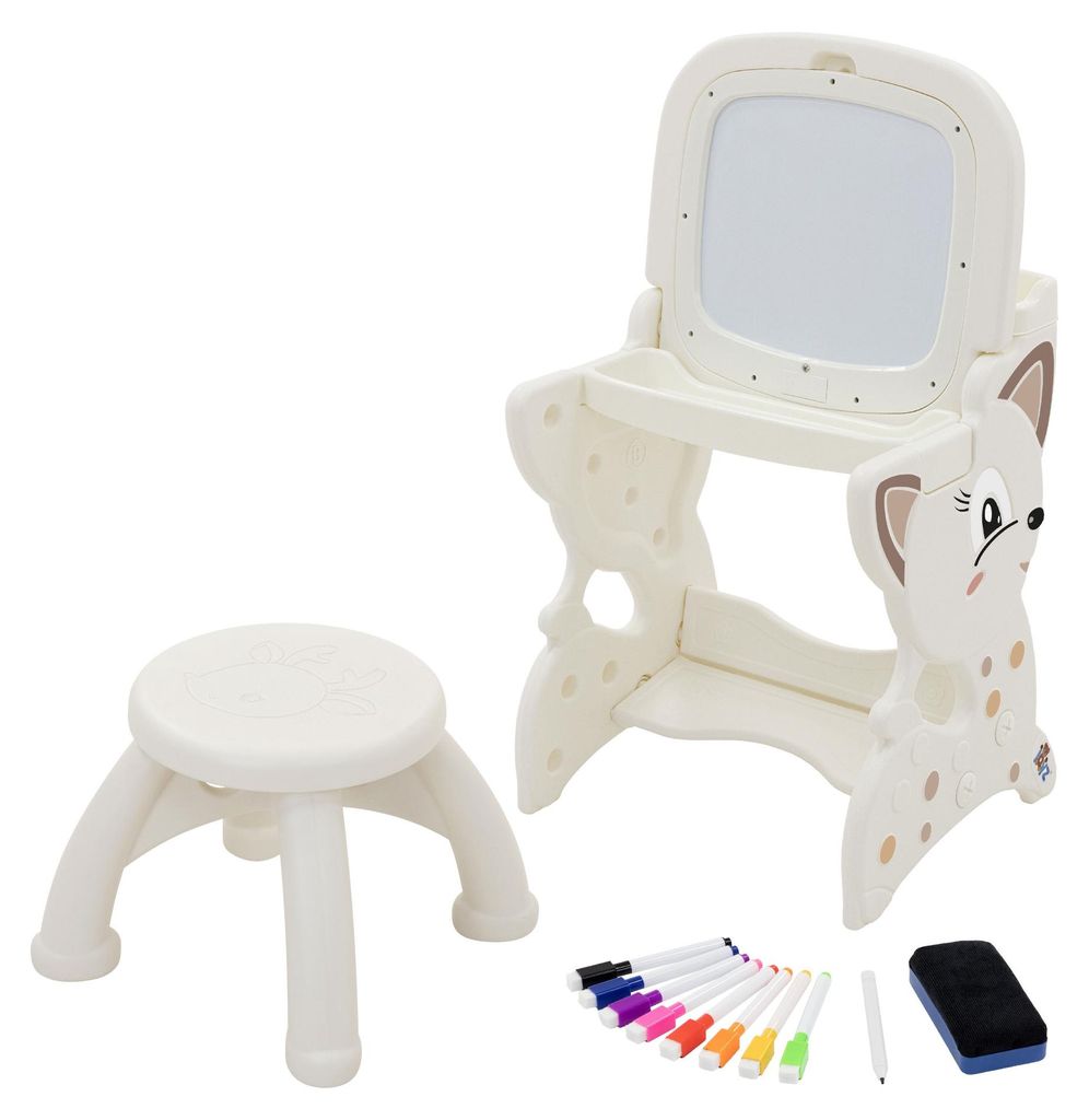 Joyz 3in1 Spieltisch mit 2 Tafeln Kinderhocker und Zubehör Weiß Kindertafel mit Stuhl LCD-Tafel/Magnetische Whiteboard Kinder Staffelei mit Ablage