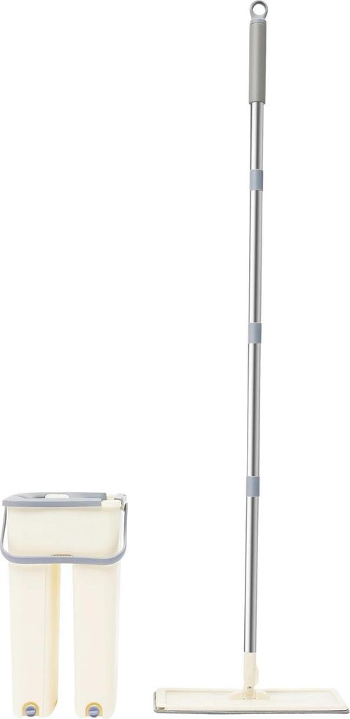 Flachmopp für Boden und Wand - Mop- und Eimerset - 10 Flache Mikrofaser-Pads - Langer Edelstahlstiel - Eimer mit Ablassstopfen