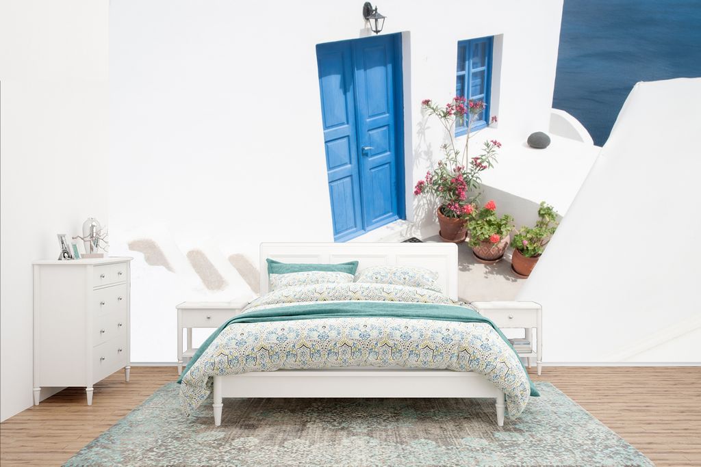 MuchoWow Fototapete für Wohnzimmer oder Schlafzimmer Wandtapete Vinyl Motivtapete Architektur - Blau - Weiß - Tür - 435x260 cm - Kinderzimmer