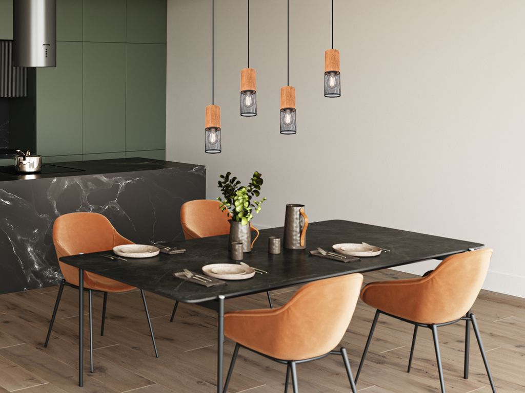 Trio Leuchten - Landhaus I Vintage Industrie I Vintage I Hängelampe I Pendellampe I Pendelleuchte schwarz mit Holz 4-flammig-Licht - Manon I Wohnz...