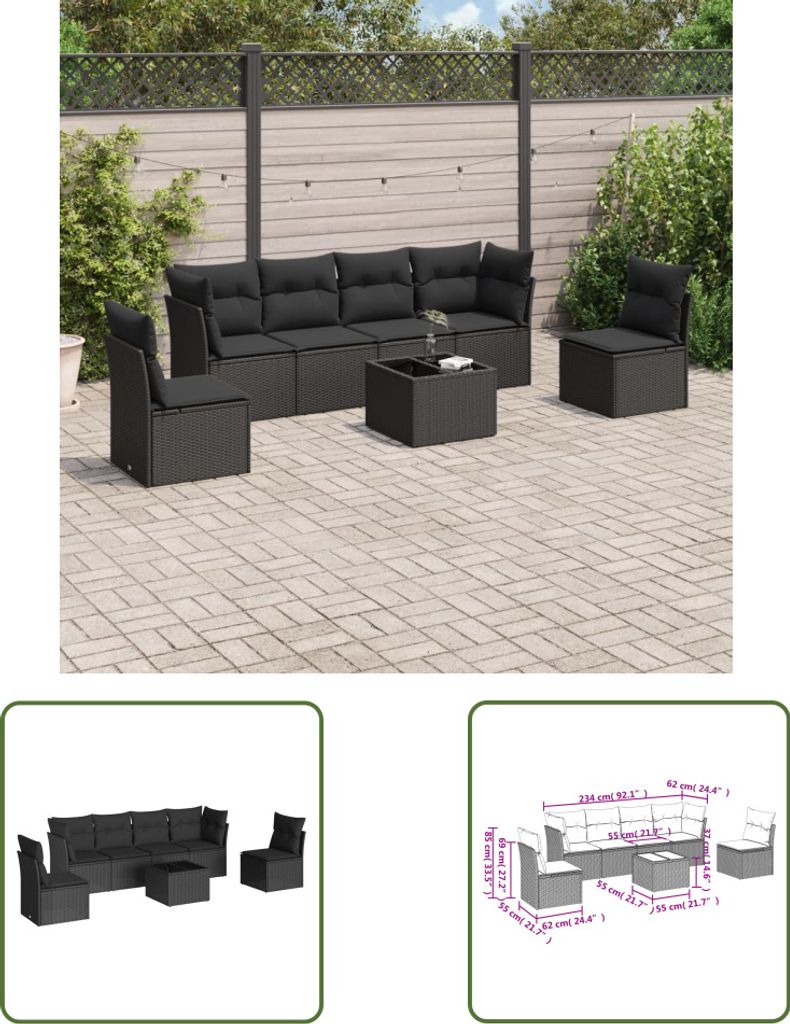 The Living Store 7-tlg. Garten-Sofagarnitur mit Kissen Schwarz Poly Rattan