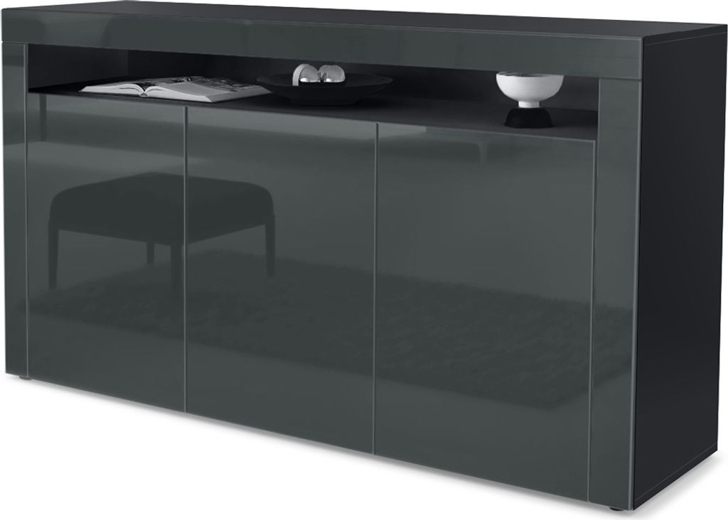 Vladon Sideboard Valencia, Germany, Kommode mit 3 Türen und 1 offenem Fach, Schwarz matt/Grau Hochglanz/Grau Hochglanz (155 x 92 x 40 cm)