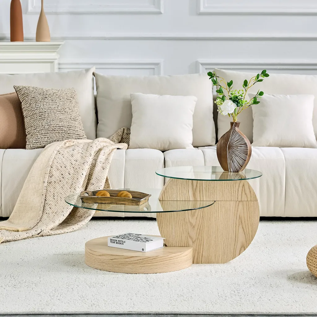 Table basse en verre de sécurité et MDF stable aspect bois clair
