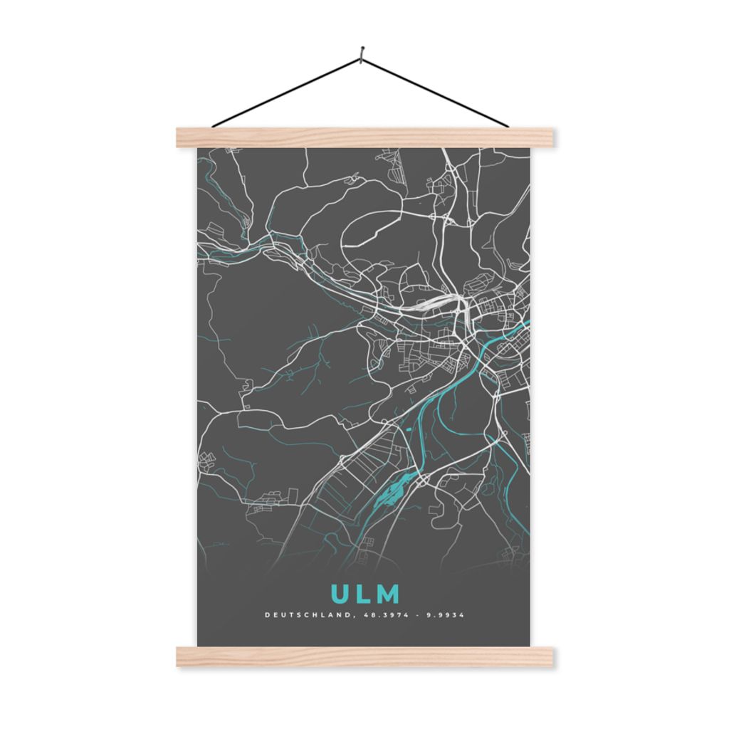 MuchoWow Textilposter Stadtplan - Karte - Ulm - Blau - Deutschland - Karte 60x90 cm mit holzfarbenen Rahmen - Textil