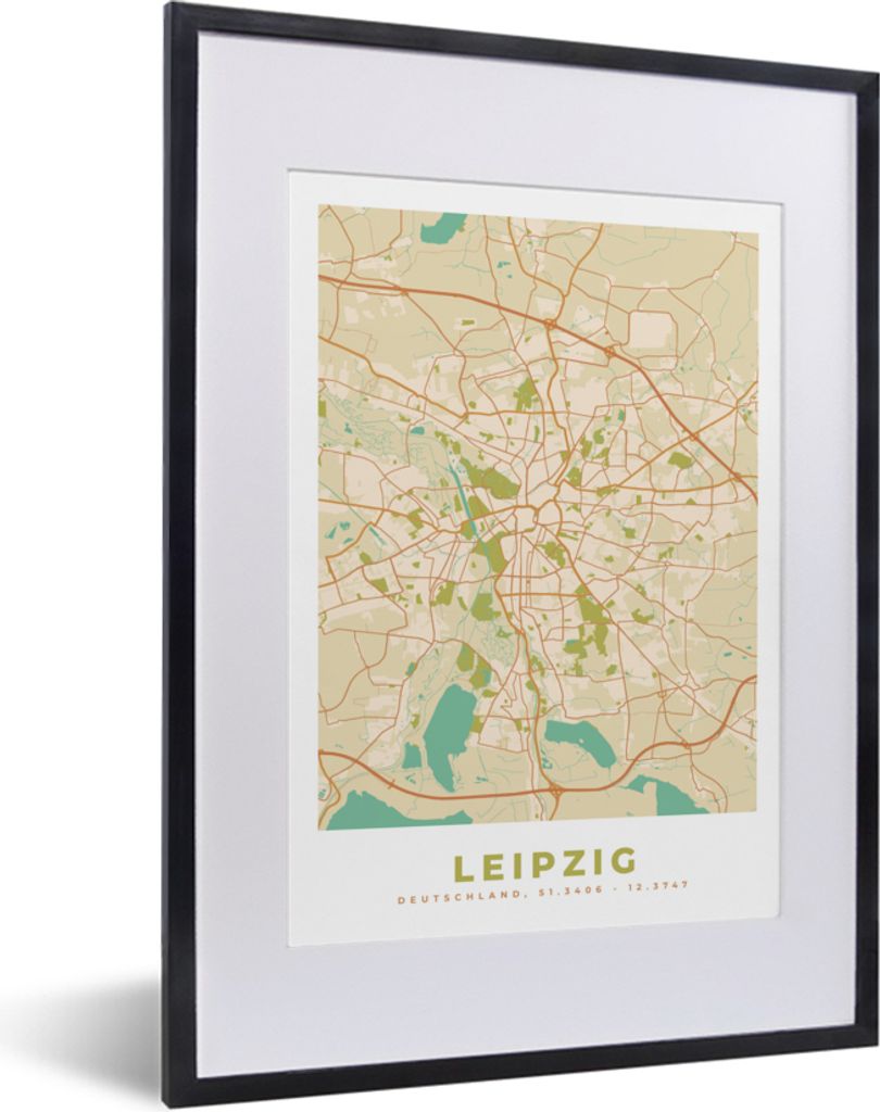 MuchoWow Gerahmtes Poster Karte - Leipzig - Vintage - Stadtplan 30x40 cm - Poster mit Schwarzem Bilderrahmen Wandposter Rahmen Foto Bilder - Wand...