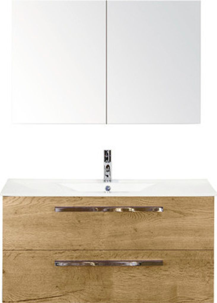 Badmöbel-Set Sanox Seville BxHxT 101 x 170 x 46 cm Frontfarbe eiche natur mit Waschtisch Keramik weiß