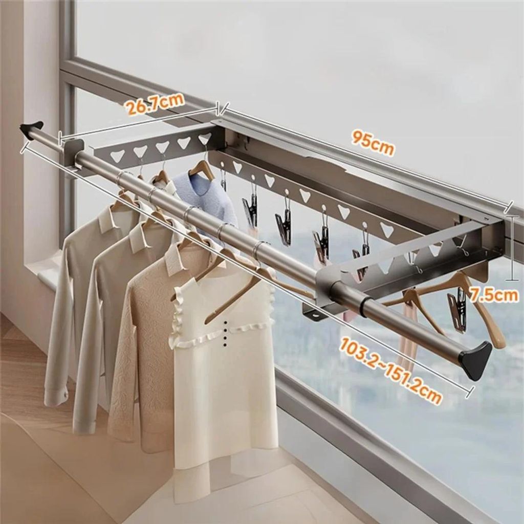 Ausziehbarer Wäscheständer - Wandmontierte klappbare Halterung - Edelstahl - Sieben Klammern - Länge 95 cm - Grau