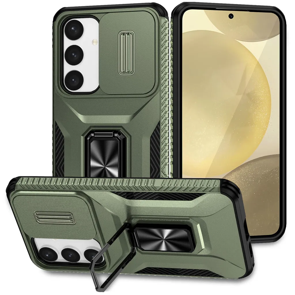 Cover S24 Samsung Verde Militare Protezione Obiettivo e Stand Anello