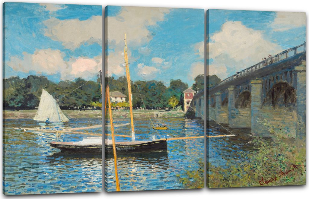 Leinwandbild 3-teilig (120x80cm): Claude Monet - Die Brücke bei Argenteuil (1874), echter Holz-Keilrahmen inkl. Aufhänger, handgefertigt in Deuts...
