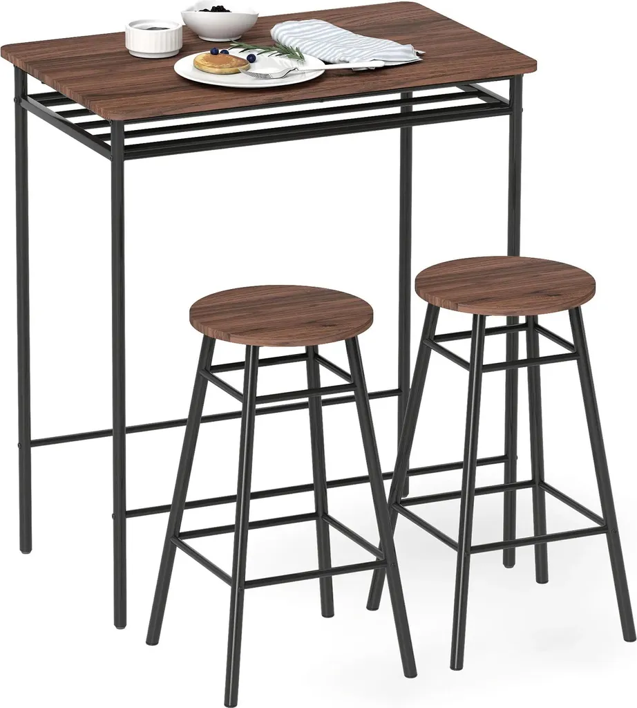 Table de Bar Autonome et Tabourets de Bar Structure Métal Marron Café