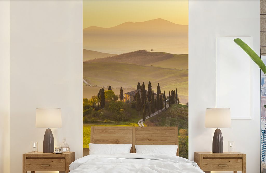MuchoWow Fototapete für Wohnzimmer oder Schlafzimmer Wandtapete Vinyl Motivtapete Toskana - Hügel - Landschaft - 120x240 cm - Hintergrundbild