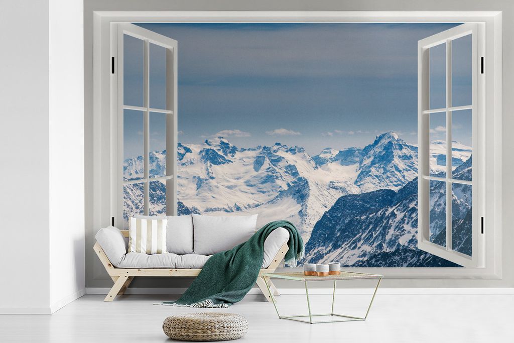 MuchoWow Fototapete für Wohnzimmer oder Schlafzimmer Wandtapete Vinyl Motivtapete Aussicht - Schnee - Berge - 525x350 cm - Das Hintergrundbild