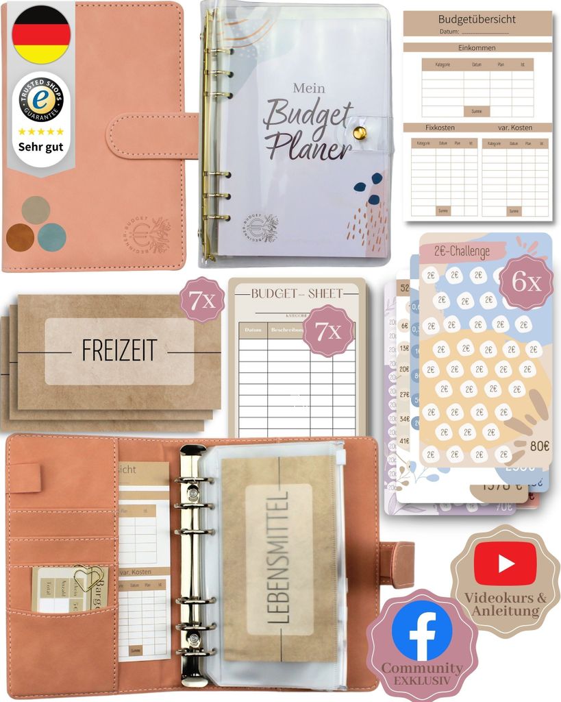 BeginnerBudget Budget Planner Deutsch – Sparbuch & Haushaltsbuch, 144 Seiten, Umschlagmethode, Spar-Challenges, A6 Ringbuch, veganes Wildleder,...