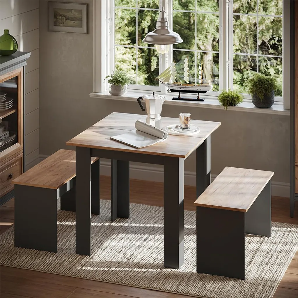 Vicco Set di tavoli da pranzo Sentio, 80 x 80 cm con 2 panche, Antracite/quercia dorata