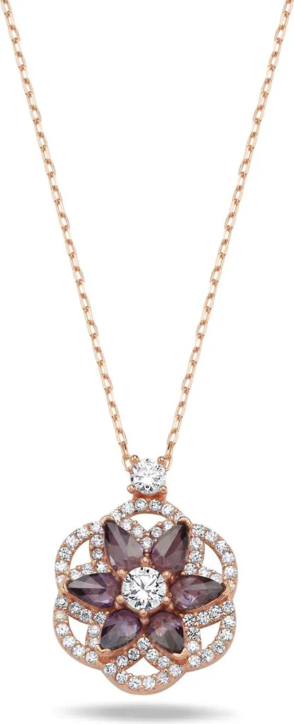 Cadeau femme collier fleur de lotus argent 925 rose et pierre mauve