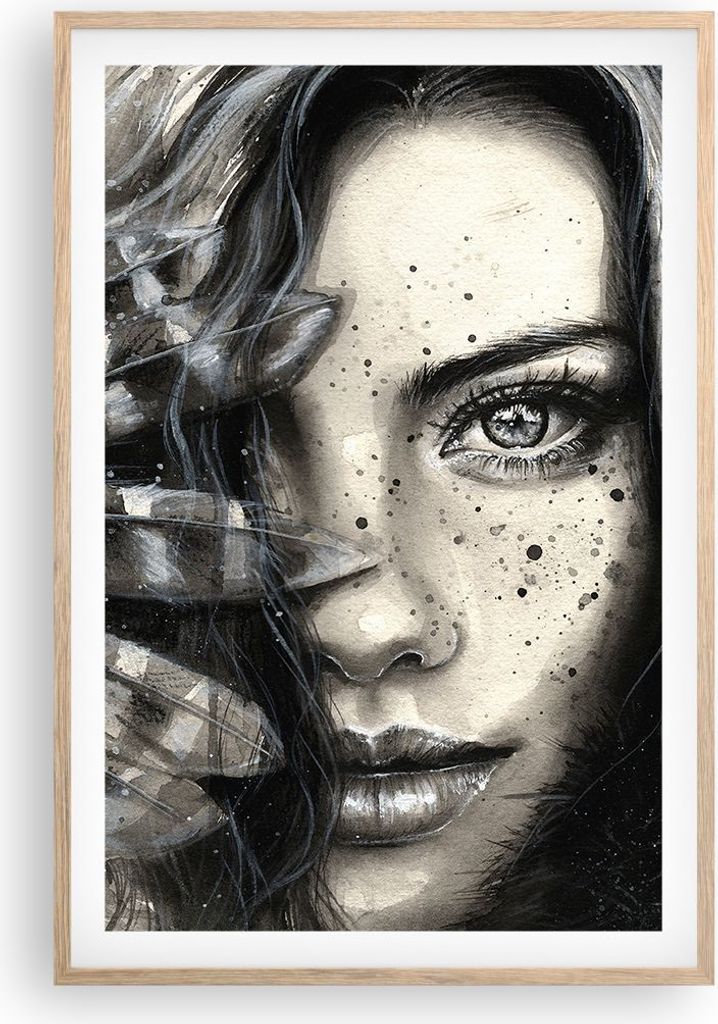 Gerahmtes Poster - Rahmen in heller Eiche - Frau Federn Lippen Kunst. - 61x91,5 cm - Wand Bild - Wanddeko - Wandbilder - Wandposter - Bilderrahmen ...