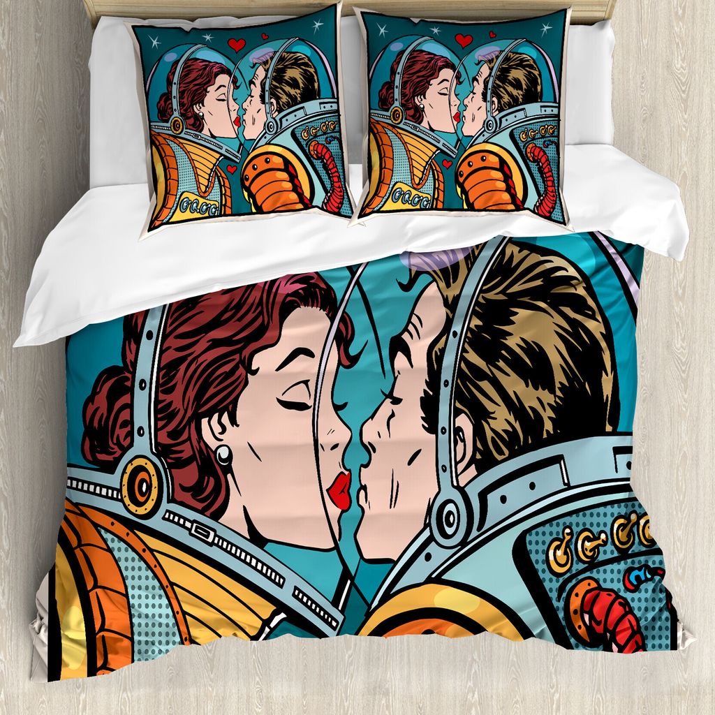 ABAKUHAUS Liebe Bettbezug, Cartoon Kuss in Space, Milbensicher Allergiker geeignet mit Kissenbezügen, 155 cm x 220 cm - 80 x 80 cm, Mehrfarbig