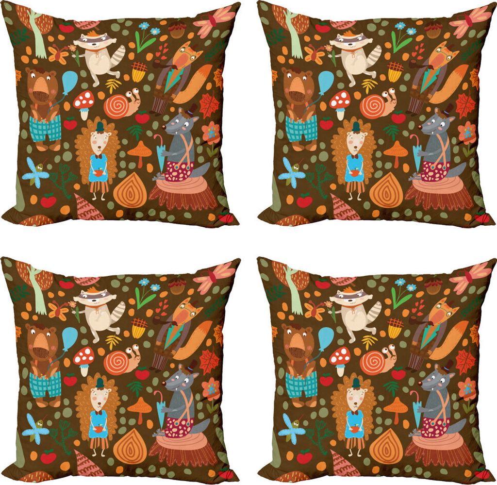 ABAKUHAUS Igel Kissenbezug Set (4 Stück), Waschbär und Schmetterling, Moderner Doppelseitiger Digitaldruck, 50 cm x 50 cm, Mehrfarbig