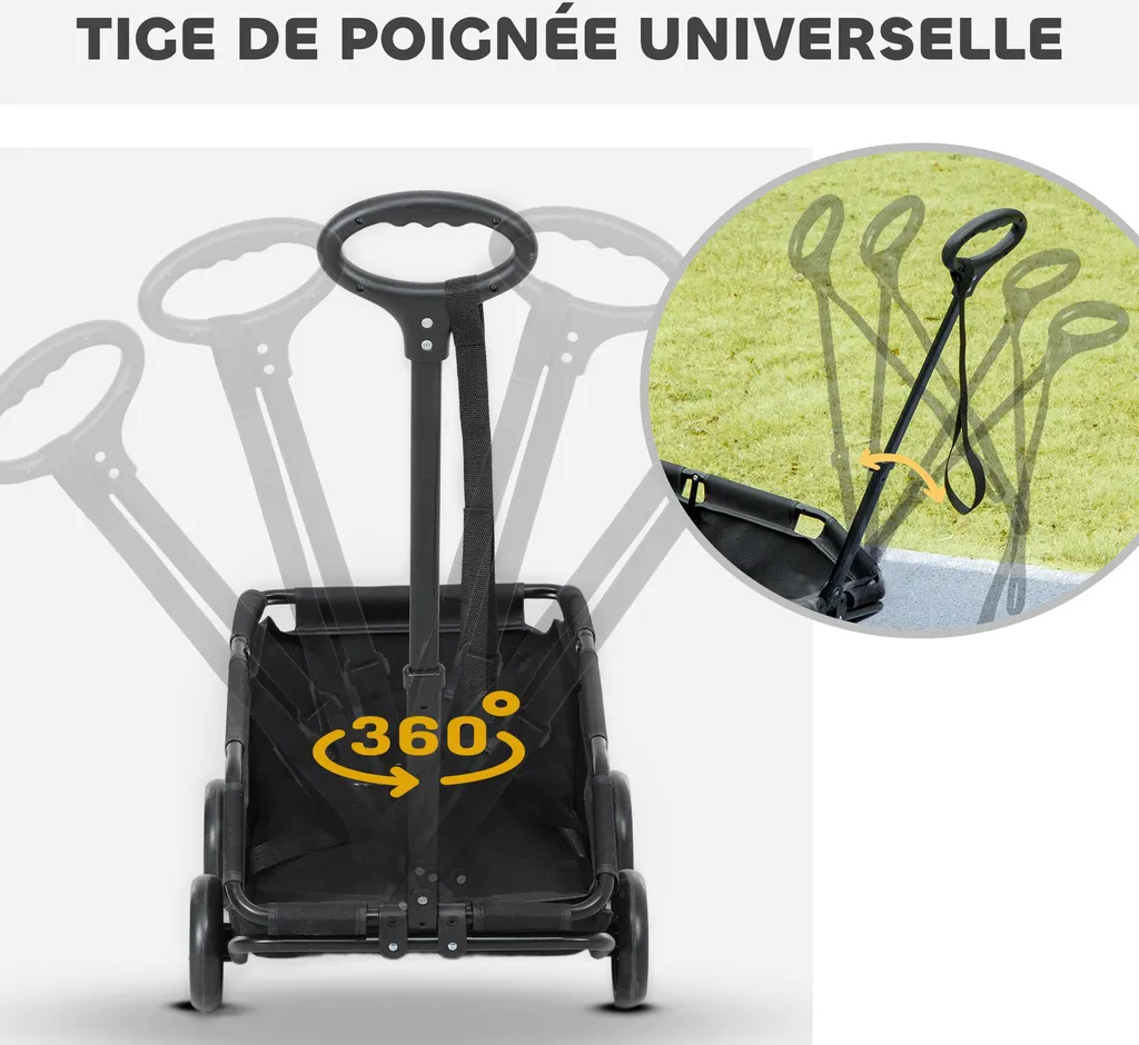 Poussette chien 4 roues avec tige de poussée réglable pliable noir