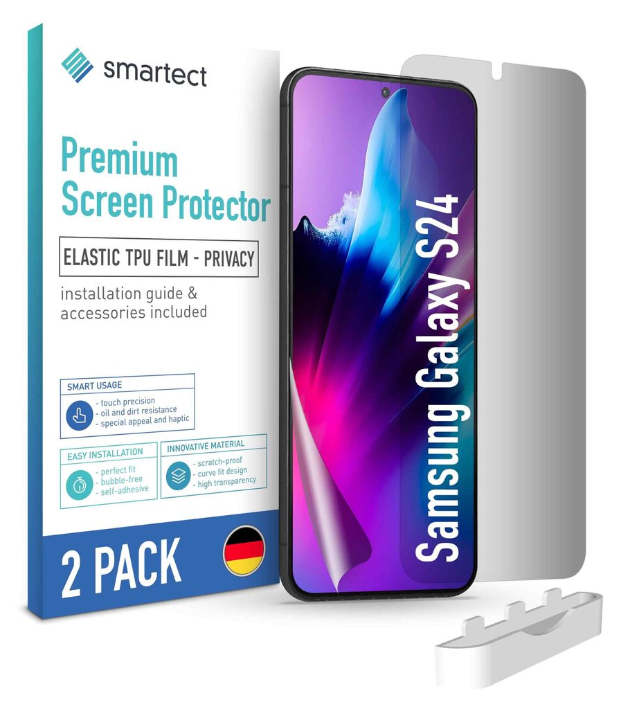 Product packaging for a screen protector, with a smartphone displayed on the packaging.