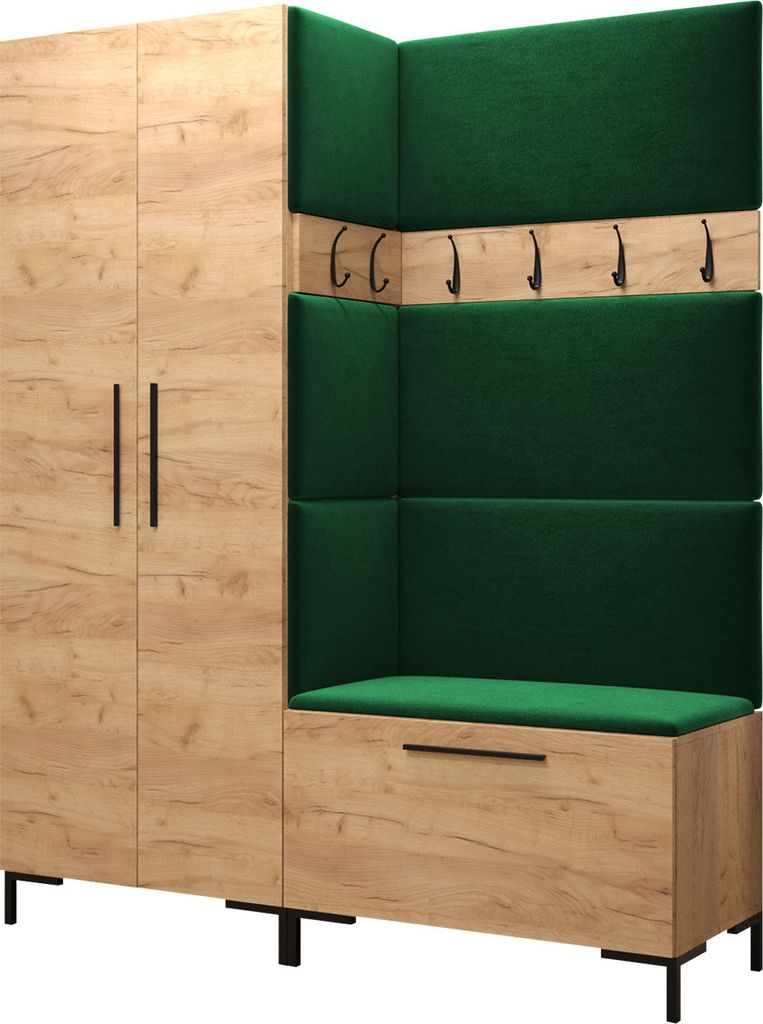 MIRJAN24 Garderoben-Set Zilion I, Garderobe mit 4 Stück Gepolstertes Wandpaneel Pag 84x42 und 3 Stück 42x42 (Eiche Craft Gold + Schwarz, Manila 35)