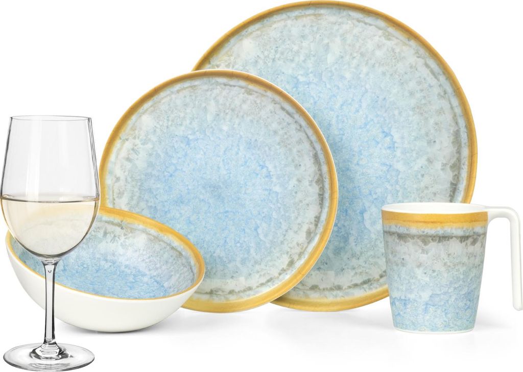Melamin Camping Geschirr Set 4 Personen Crystal Blue + 4 Tiamo Weiß Weingläser Tafelgeschirr Picknick BBQ Kochgeschirr
