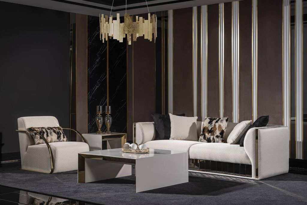 Modernes weißes Wohnzimmer Set aus Holz und Textil