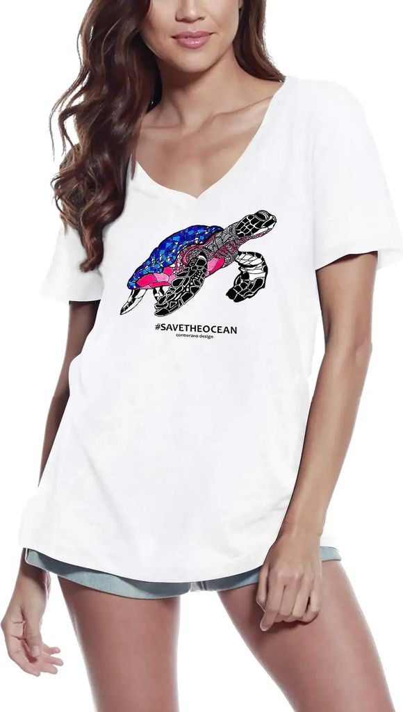 Damen Grafik T-Shirt V-Ausschnitt Meeresbrandung Yoga Schildkröten – Ocean Surf Yoga Turtles – Öko-Verantwortlich Vintage Jahrgang Kurzarm Lu...