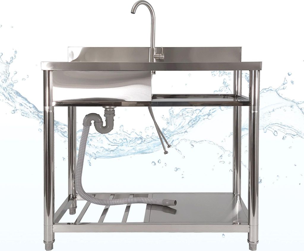 A stainless steel sink with a faucet and plumbing underneath, set against a white background with water splash graphics.