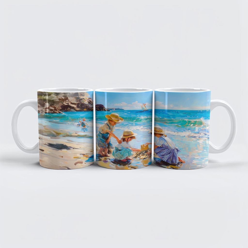 raxxa Premium-Tasse "Children Playing on the Beach Impressionist Art"