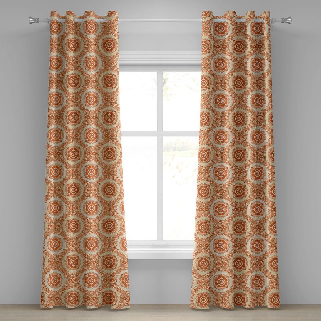 ABAKUHAUS Orange und Beige Ösenvorhang, Dekorative barocke Blätter und Blumen-viktorianisches Vintages Muster, Dekorative 2-Panel-Fenstervorhäng...