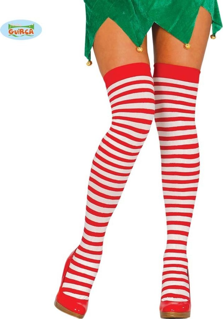 A person wearing red and white striped thigh-high stockings and red shoes, with a green elf costume visible at the top.