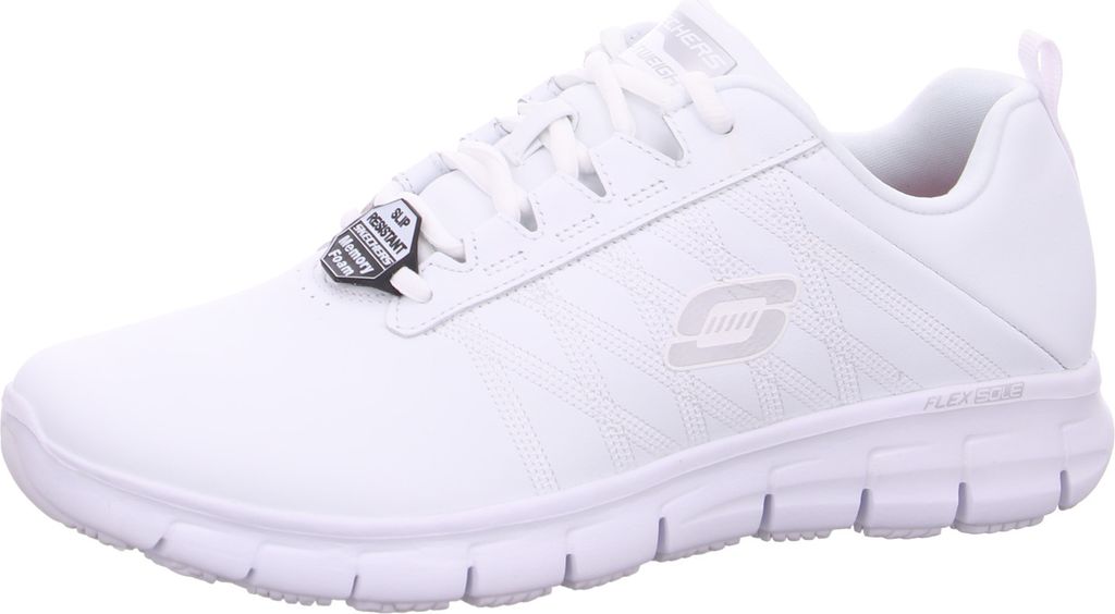 A white Skechers shoe is shown from the side against a white background.