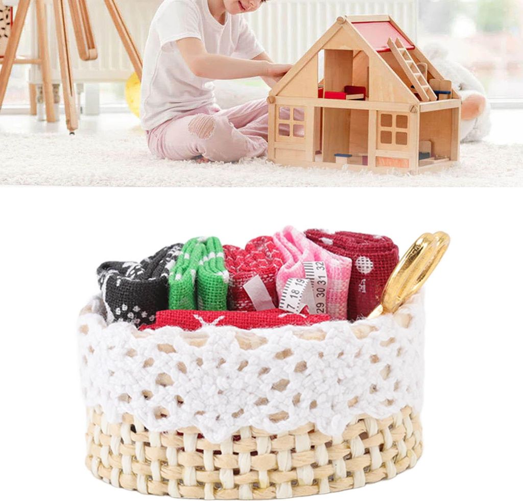 1:12 Puppenhaus Nähset Simulation Stoff Schere Maßband Miniatur Korb für Zubehör