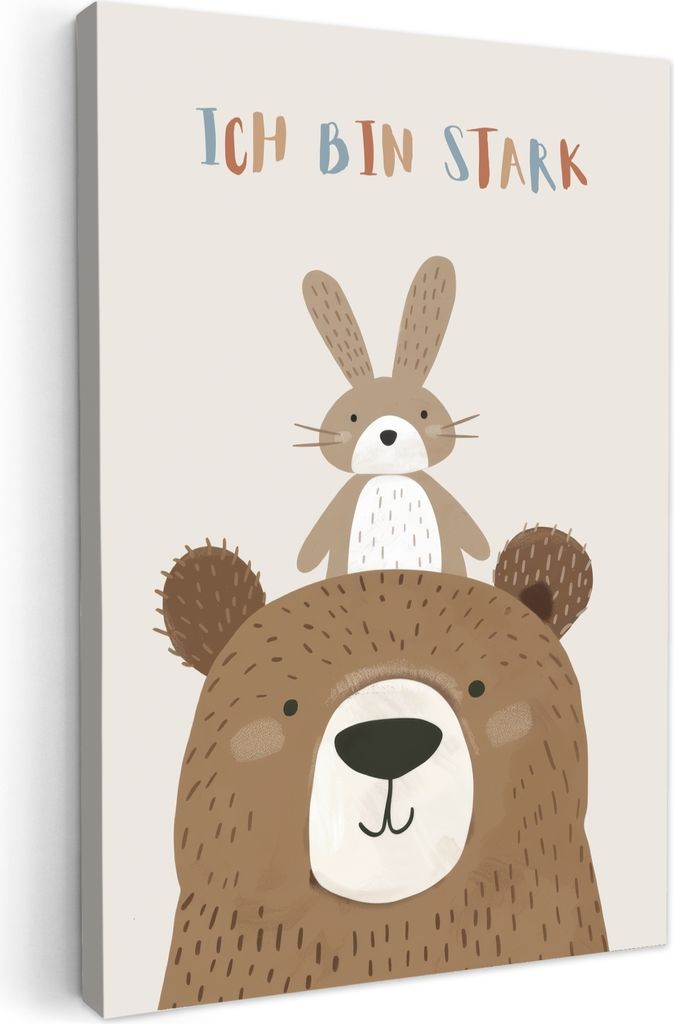 MuchoWow - Leinwandbilder - Bär - Kaninchen - Beige - Tiere - Zitat, Wandbild, Wanddeko Bilder Wohnzimmer, 80x120 cm