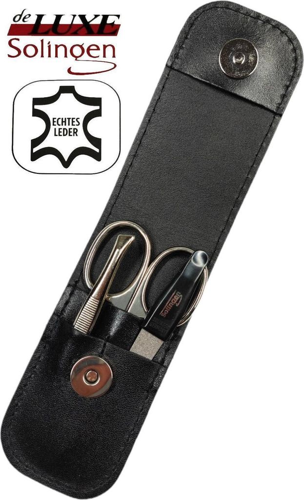 3-teiliges Solingen Maniküre Set mit Leder Etui, Nagelschere, Feile, Pinzette, Germany Schwarz