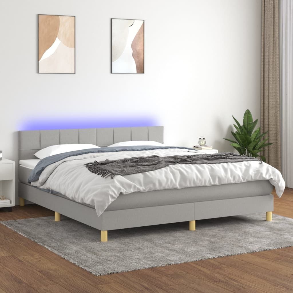 The Living Store Boxspringbett mit Matratze & LED Hellgrau 160x200 cm Stoff