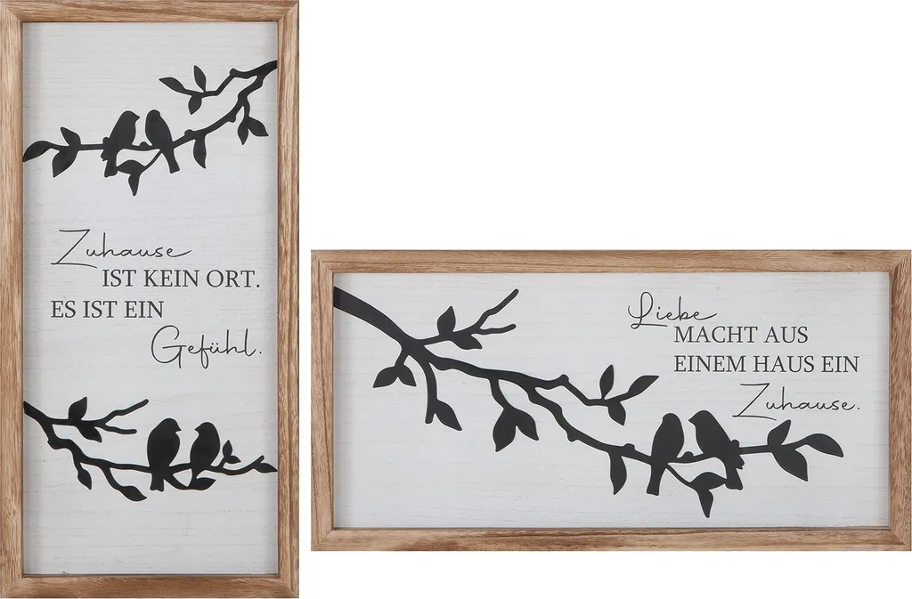 Tableau Gilde Zuhause Arbre et Oiseaux en Bois Blanc 60x30cm 58111 - 2pcs