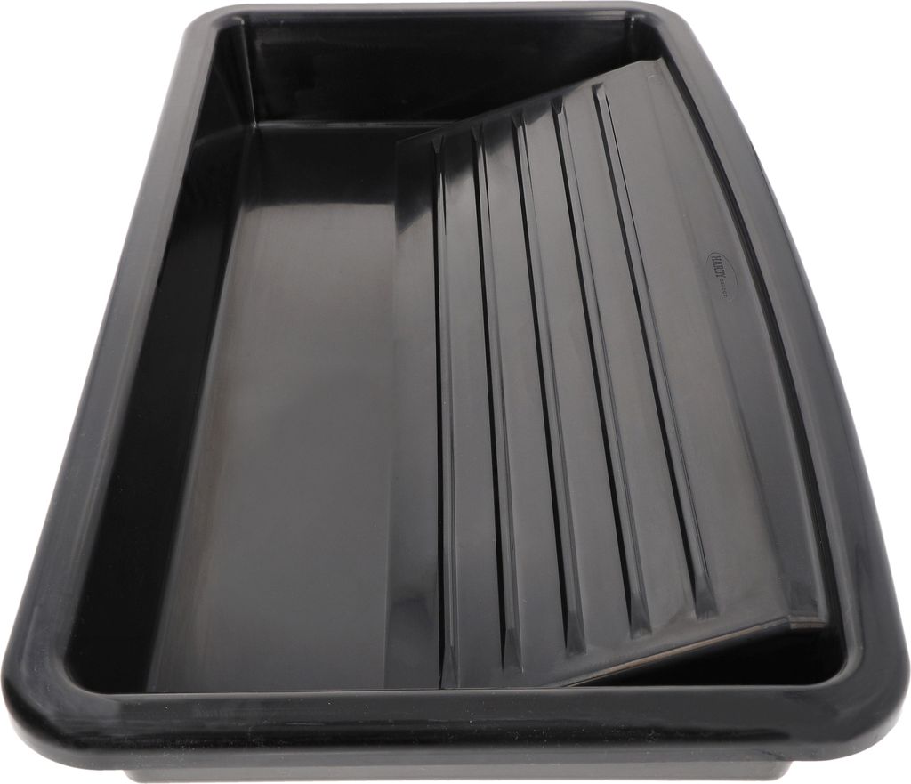 A black paint tray is shown against a white background.