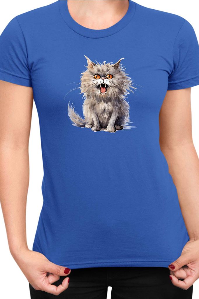 Damen T-Shirt Funny Cats Breeds British Longhair Cat 015, Lady 2XL / Blau