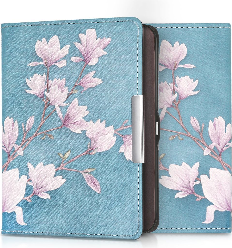 kwmobile Schutzhülle für Tolino Shine (2013) Hülle - eReader Flip Case mit Auto Sleep Funktion - Magnolien mit Taupe Weiß Blaugrau