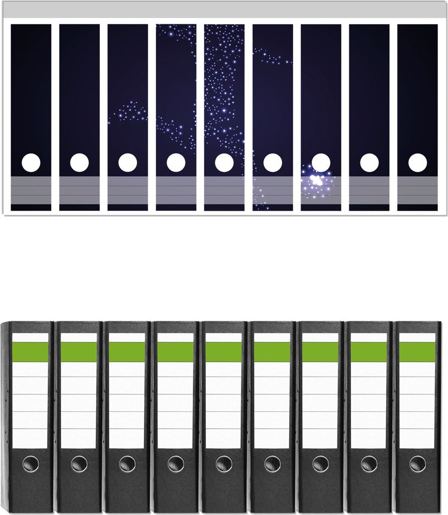 Wallario 9 Stück breite Ordner inkl. Klebeetiketten mit Motive Fußball - ein Spieler aus tausend Sternen in blau - Set mit Rückenschildern / Or...