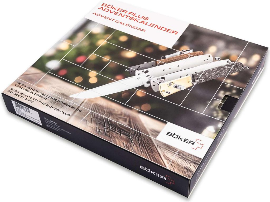 A product box for a Böker Plus Advent Calendar, featuring an image of a knife and festive bokeh lights.
