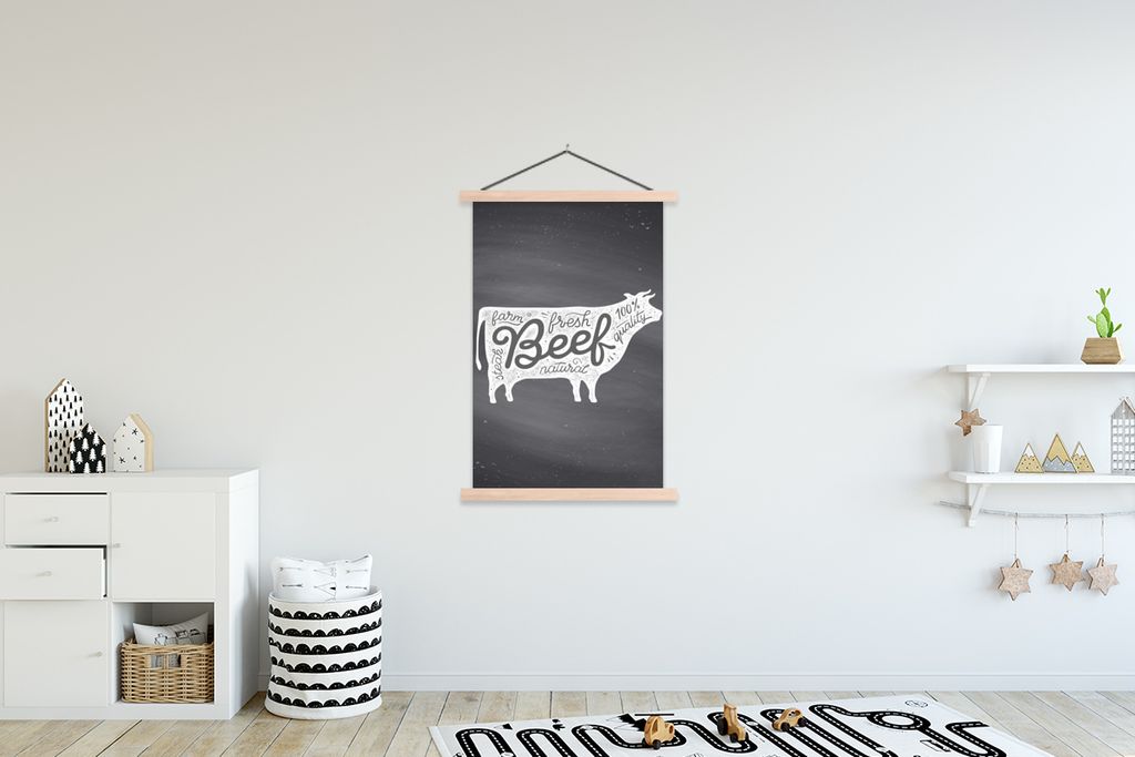 MuchoWow Textilposter Kuh - Tier - Steak 120x180 cm mit holzfarbenen Rahmen - Textil-Plakat