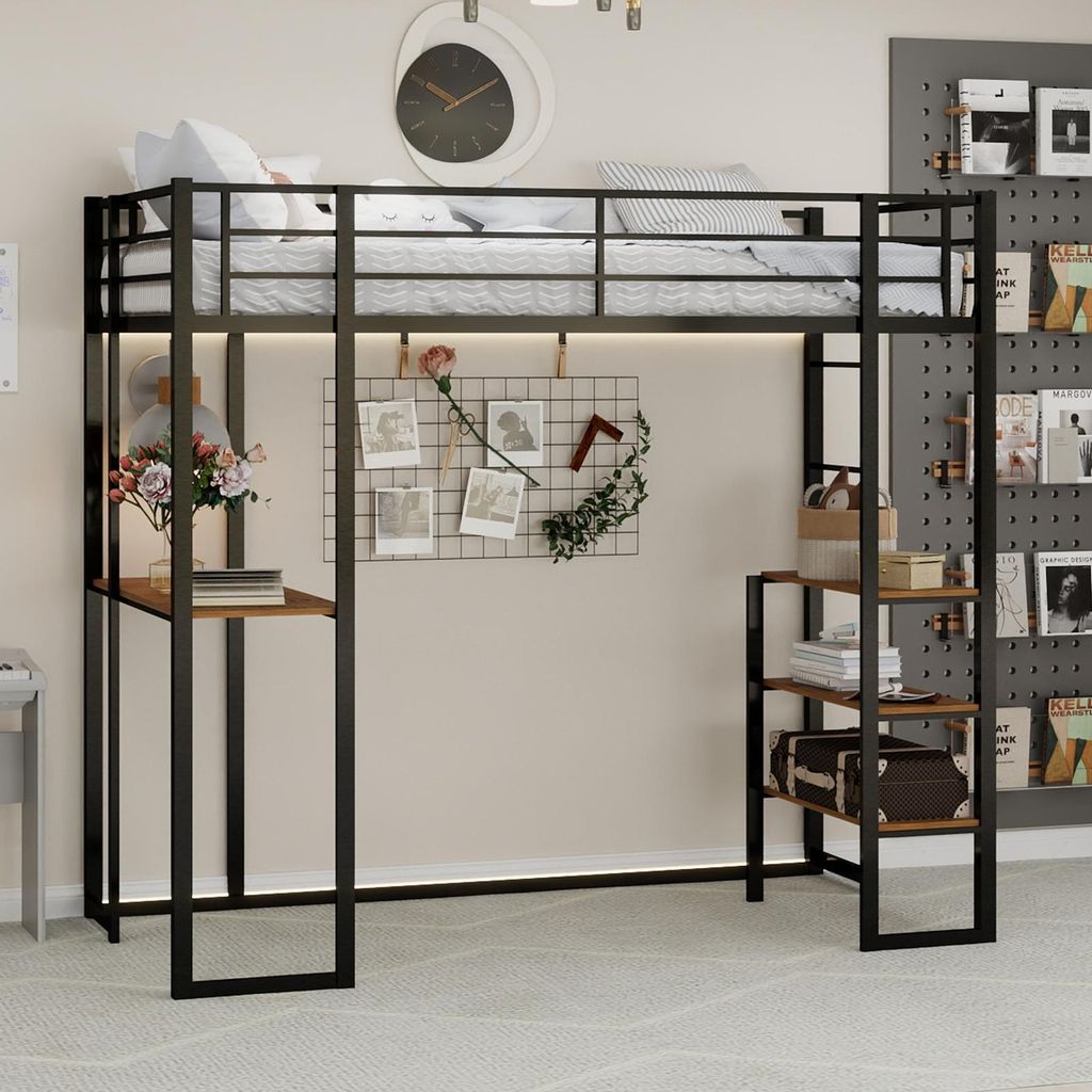 okwish Hochbett 90×200 Bettgestell mit Eisenrahmen und Leitern,Eisenrahmenbett mit Geländer und Treppe,Metallbett mit Schreibtisch,Schwarz(ohne M...