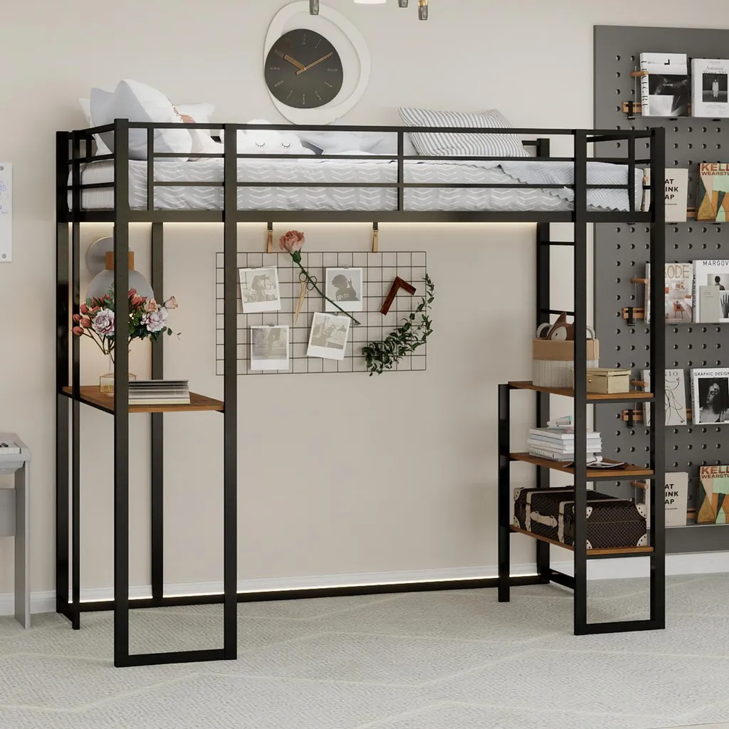 Lit mezzanine en fer noir 90x200 robuste avec garde-corps de sécurité