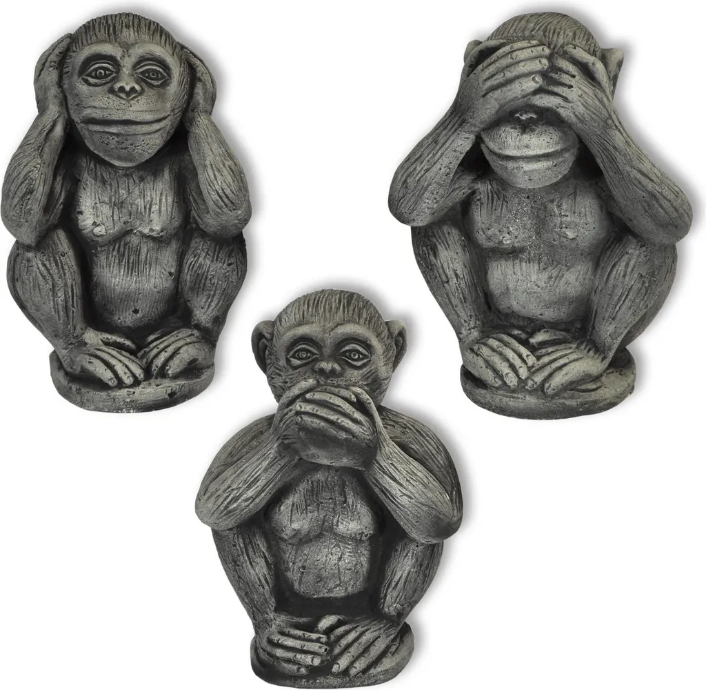 Set de 3 singes de la sagesse en bois massif sculpté main 15cm