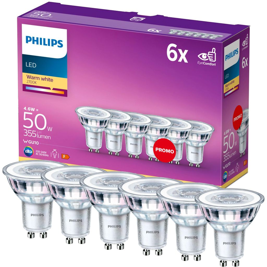 Philips Reflektor punktowy 50W PAR16 GU10 x 6, 4,6 W, 50 W, Zdjęcie produktu 