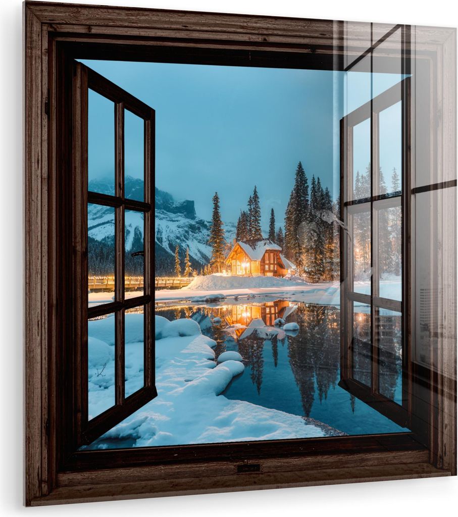 MuchoWow Glasbilder - Bilder auf Wandbild - Foto auf Glas Durchblick - Winter - Landschaft - Natur - Haus - Berge 40x40 cm Wanddekoration aus Glas ...
